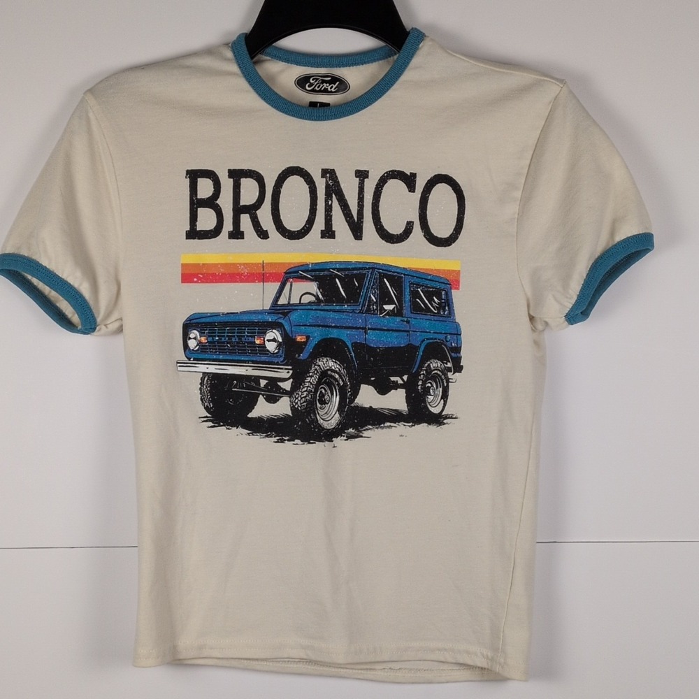 Ford Bronco Women's Baby Tee Sz. Large Cream & Blue Ringer Style EUC